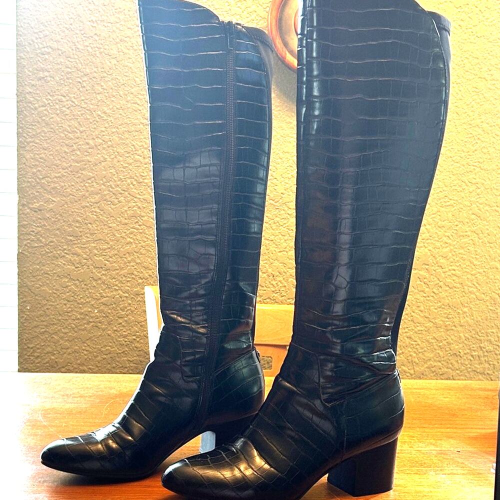 Anne Klein Black Croc-Embossed Over the Knee Boots sz 7.5